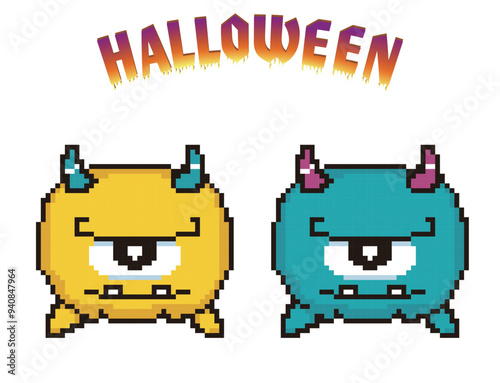 ハロウィン用の8ビットのピクセルアート、デフォルメされた一つ目のモンスターのアイコン、イラスト。