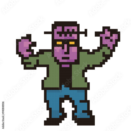 ハロウィン用の8ビットのピクセルアート、デフォルメされたフランケンシュタイン、モンスターのアイコン、イラスト。