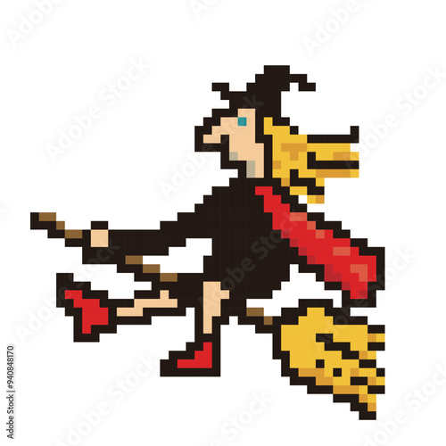 ハロウィン用の8ビットのピクセルアート、デフォルメされた魔女、モンスターのアイコン、イラスト。