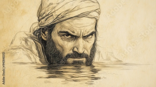 Naaman’s Healing in the Jordan: Biblical Depiction of Dipping Seven Times in the River, Beige Background photo