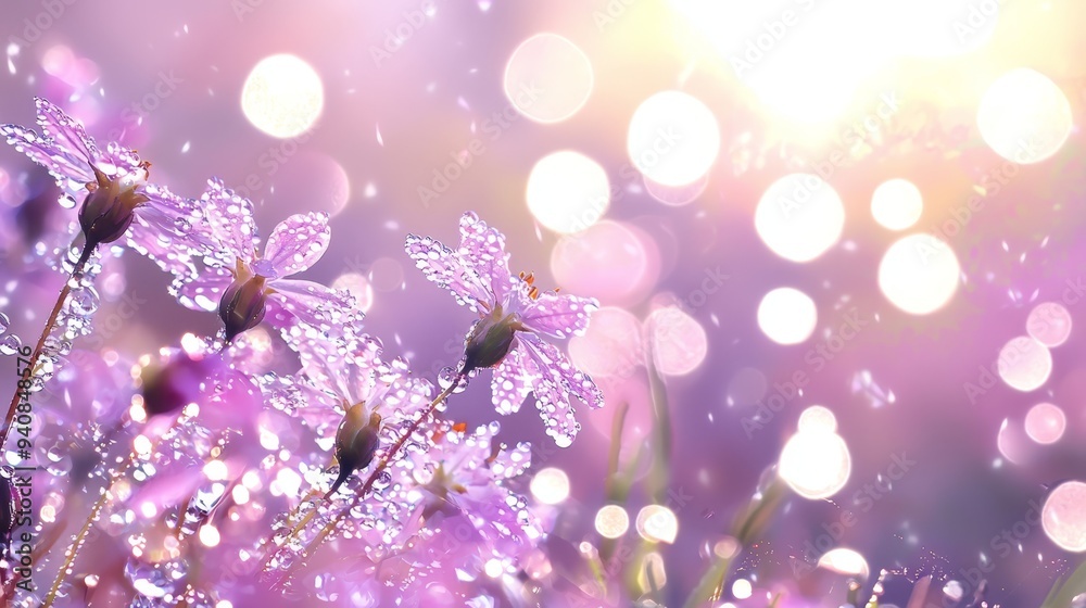 A tight shot of numerous flowers with dewdrops glistening on their petals and the sun casting rays behind A tight shot of numerous flowers with dewdrops glistening on their petals and the sun casting rays behind