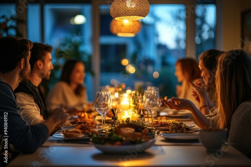 A group of people are sitting around a table with food and wine photo