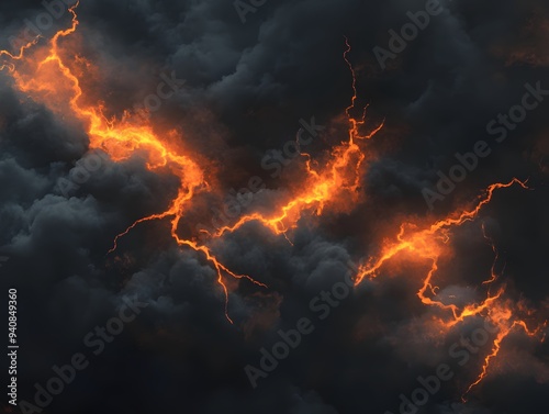 Black sky with orange lightning, dark clouds