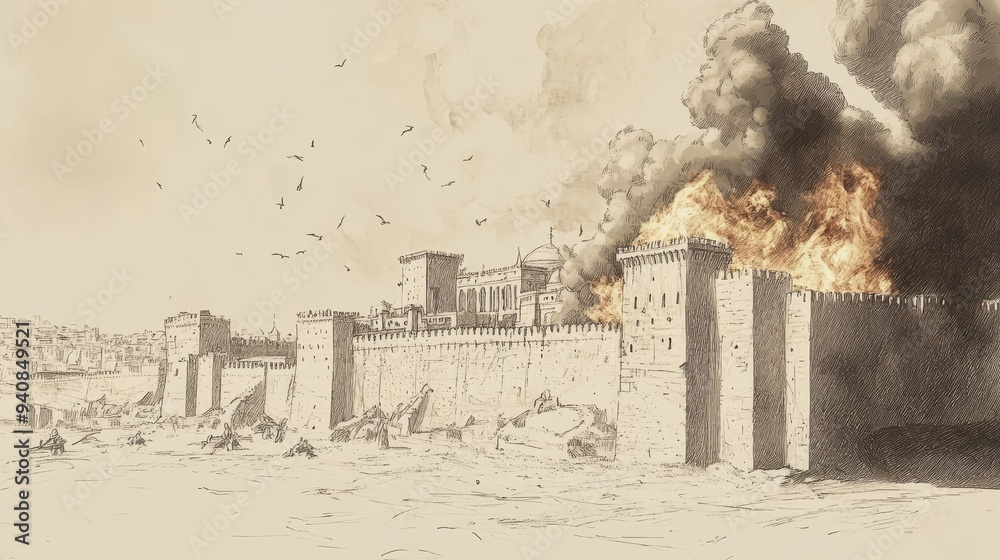 Fototapeta premium The Fall of Jerusalem and the Exile: Babylonian Forces Burn Homes and Palaces, Leaving Ruins, 2 Kings Biblical Art, Beige Background