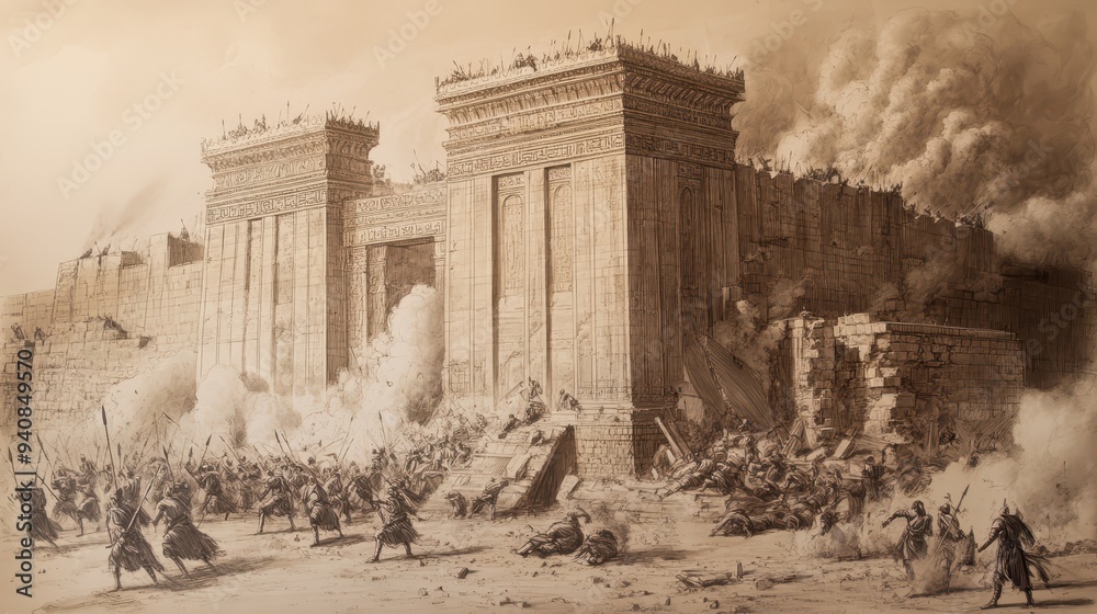 Naklejka premium Babylonian Soldiers Loot the Temple of Jerusalem, Carrying Away Sacred Objects, 2 Kings Biblical Art, Beige Background