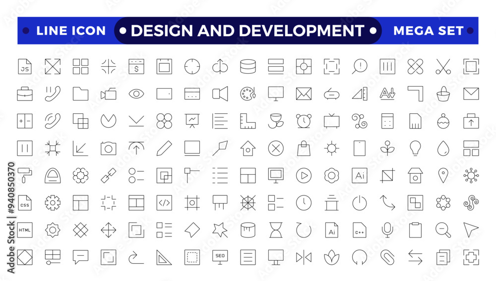 Set of thin Outline icons of Design and development. Simple linear icons in a modern style flat, Creative Process. Graphic design, creative package, stationary, software and more. Set of thin Outline icons of Design and development. Simple linear icons in a modern style flat, Creative Process. Graphic design, creative package, stationary, software and more.