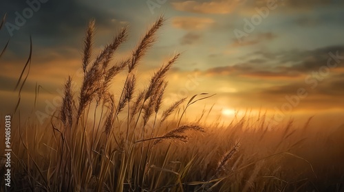  A field of tall grass with the sun setting in the distance