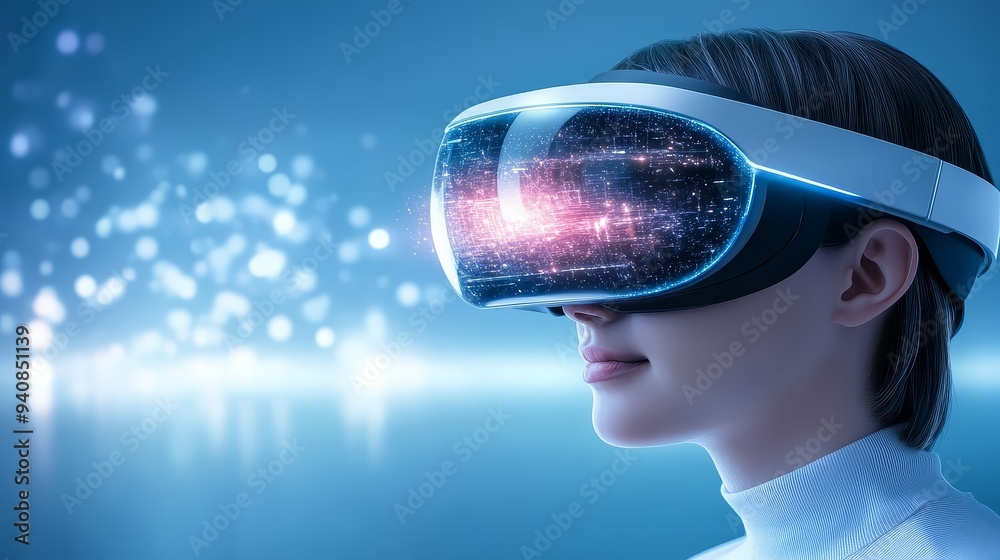 Woman Using VR Headset Exploring Digital World Woman Using VR Headset Exploring Digital World