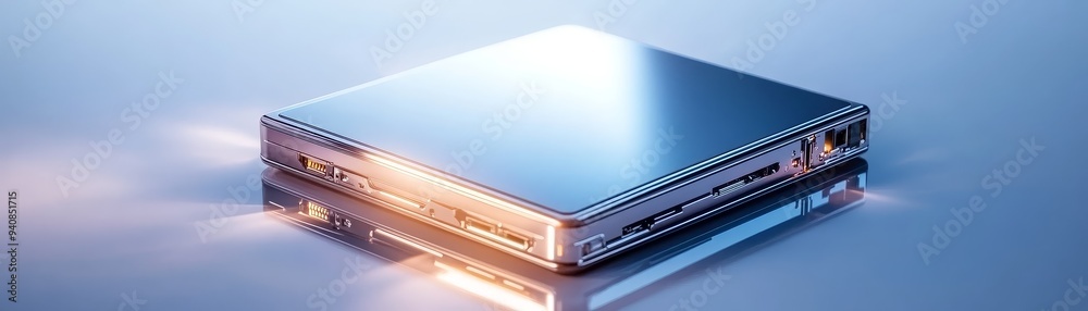 Modern Silver Tech Device With Connectors On Blue Background Modern Silver Tech Device With Connectors On Blue Background