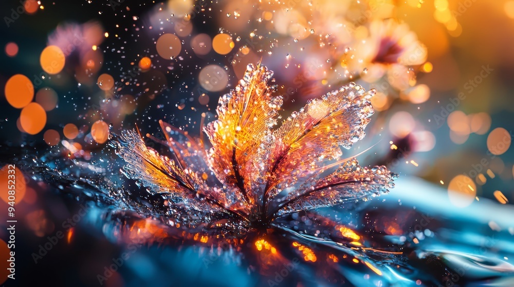 Fototapeta premium A tight shot of a water droplet clinging to a leaf, surrounded by a bouquet of soft backlight