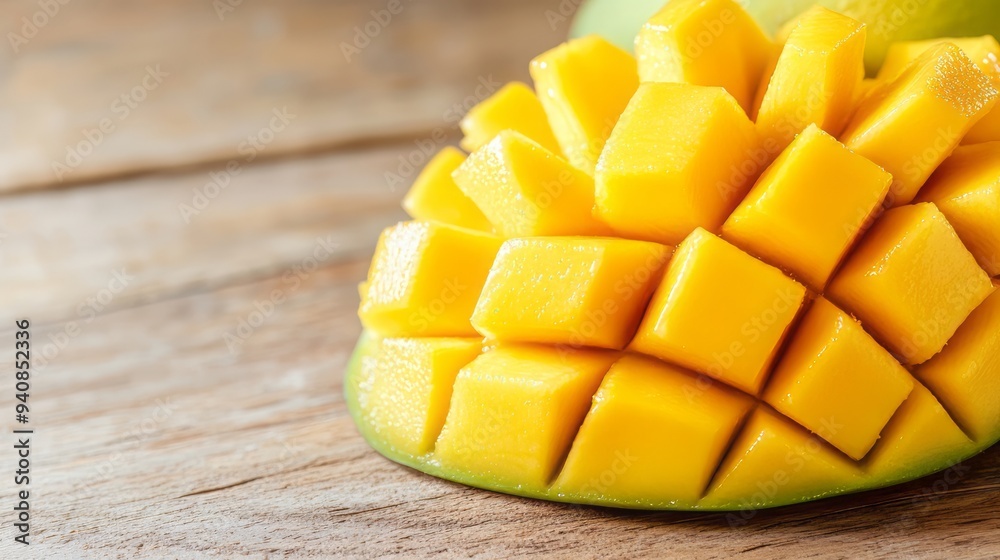Close-up view of ripe mango showcasing juicy, golden cubes on a wooden surface, perfect for healthy food concepts. Close-up view of ripe mango showcasing juicy, golden cubes on a wooden surface, perfect for healthy food concepts.