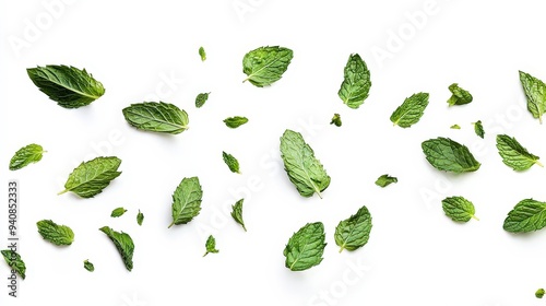 A scattering of fresh mint leaves on a white background.