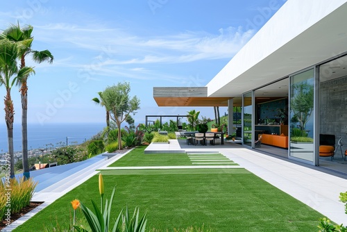 Modern Los Angeles terrace with artificial grass and minimalist design, overlooking ocean and hillside houses with palm trees on a sunny day.