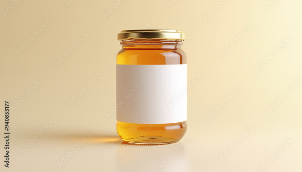 Mock up blank product label on a transparent jar of honey, isolated on a light background Mock up blank product label on a transparent jar of honey, isolated on a light background