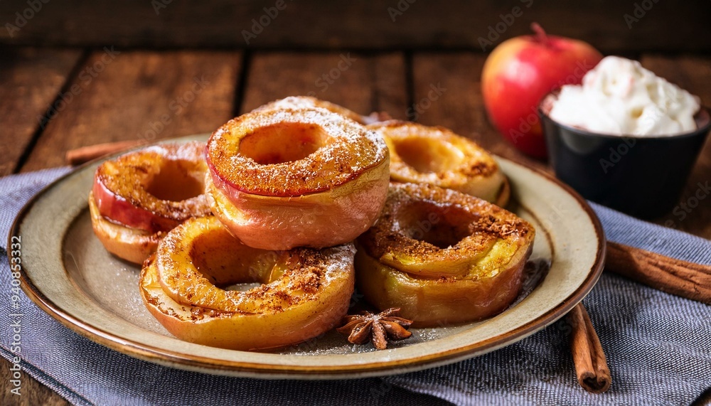 Baked apple rings with ice cream space for text Baked apple rings with ice cream space for text
