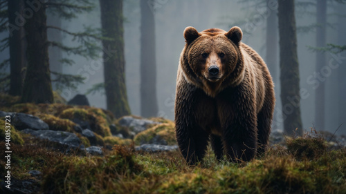 Orso bruno in una foresta con la nebbia nelle prime luci del mattino