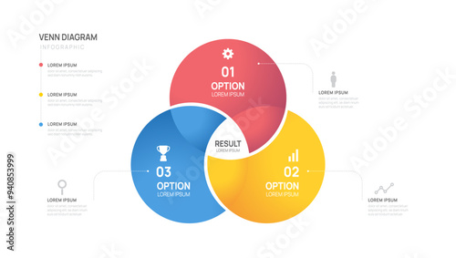 Infographic Venn diagram chart template for business 3 parts, options, presentation with venn diagram elements vector illustration.