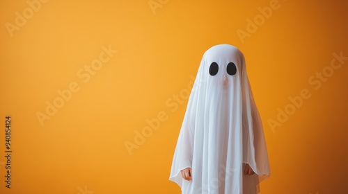 A child in a white ghost costume stands in front of a yellow background