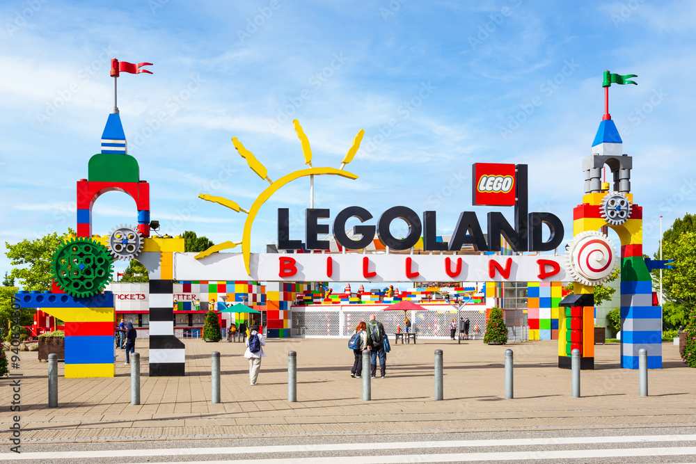 Naklejka premium Billund, Denmark - July 14, 2024: Entrance gate of the original Legoland park, opened in 1968, first of a chain of family amusement parks focusing on the Lego building toy brand.