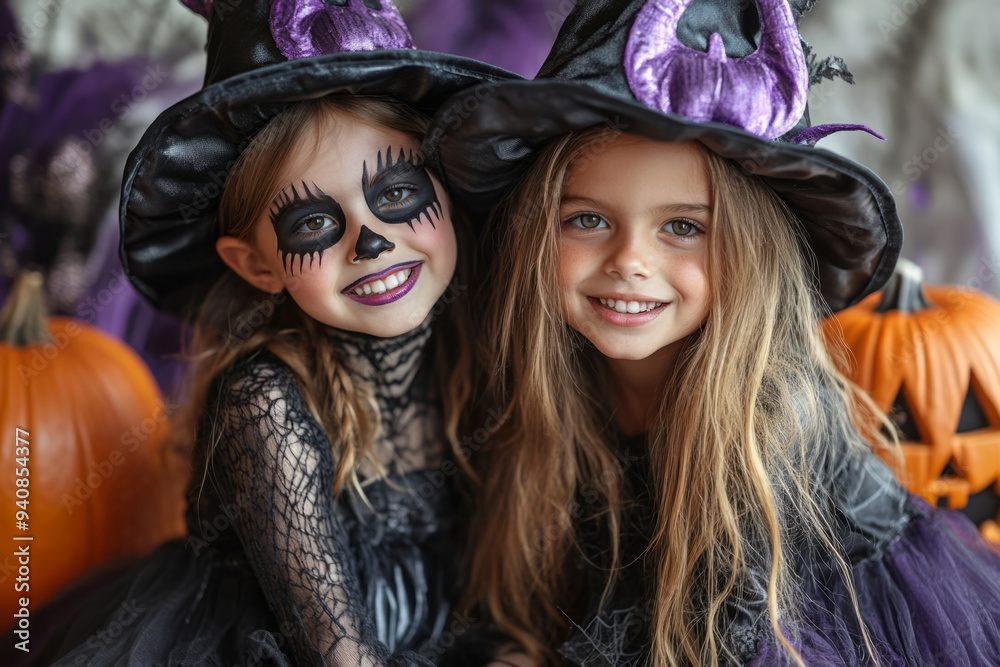 Obraz premium Children smiling and wearing witch costumes for halloween party