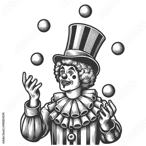 Circus clown juggling balls, featuring a detailed, classic circus theme sketch engraving generative ai fictional character vector illustration. Scratch board imitation. Black and white image.