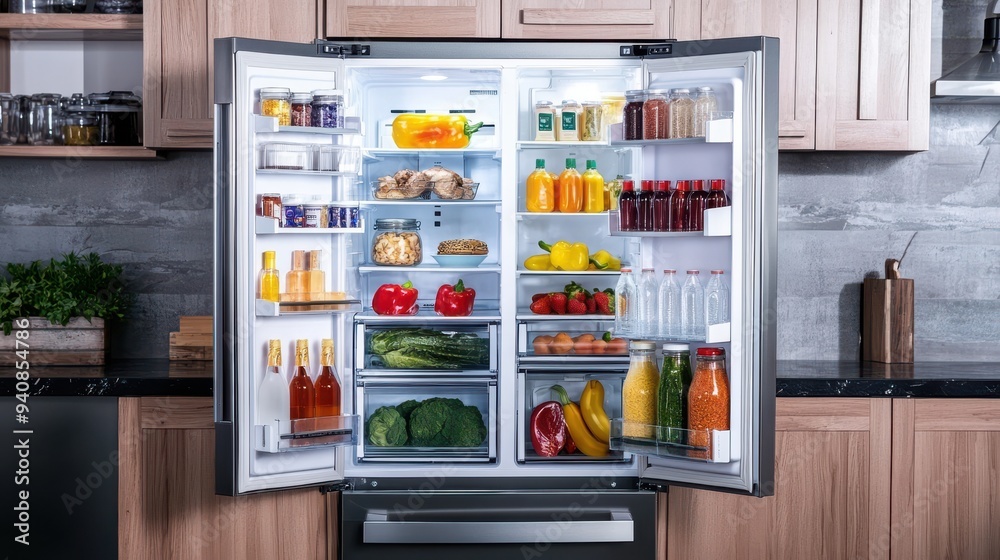 A refrigerator is opened to reveal a variety of food items, including vegetables A refrigerator is opened to reveal a variety of food items, including vegetables