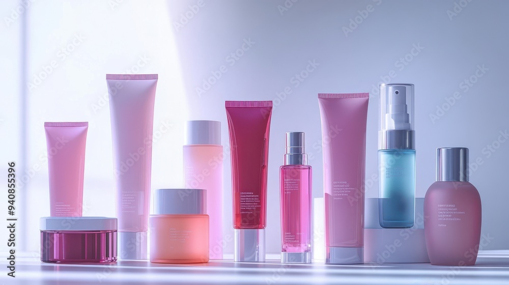 A row of beauty products including lotions, creams, and perfumes A row of beauty products including lotions, creams, and perfumes