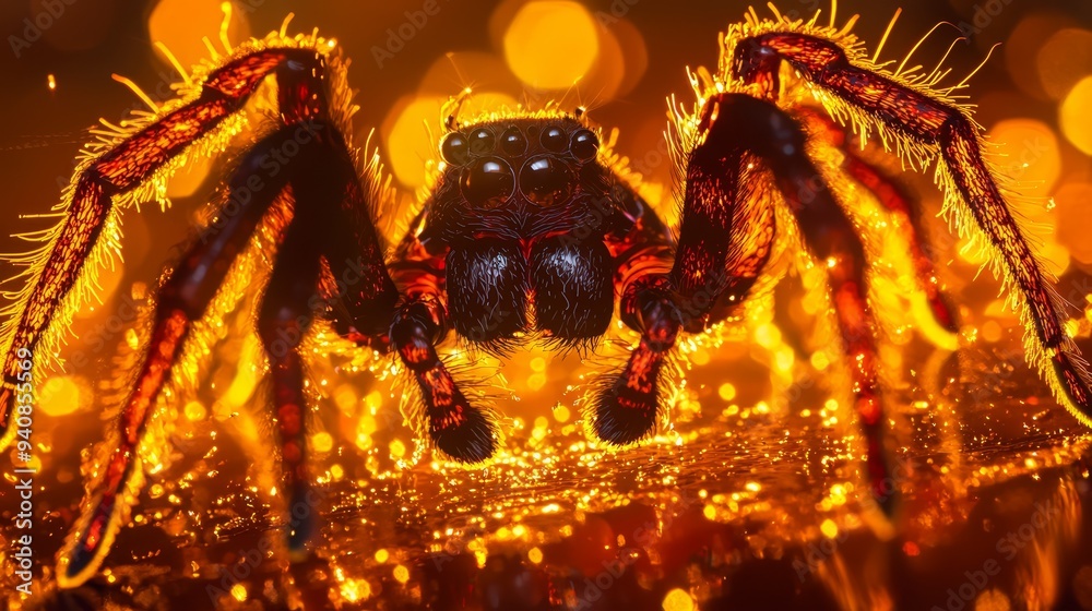 A tight shot of a spider against a softly blurred background, lit by distant, out-of-focus sources A tight shot of a spider against a softly blurred background, lit by distant, out-of-focus sources