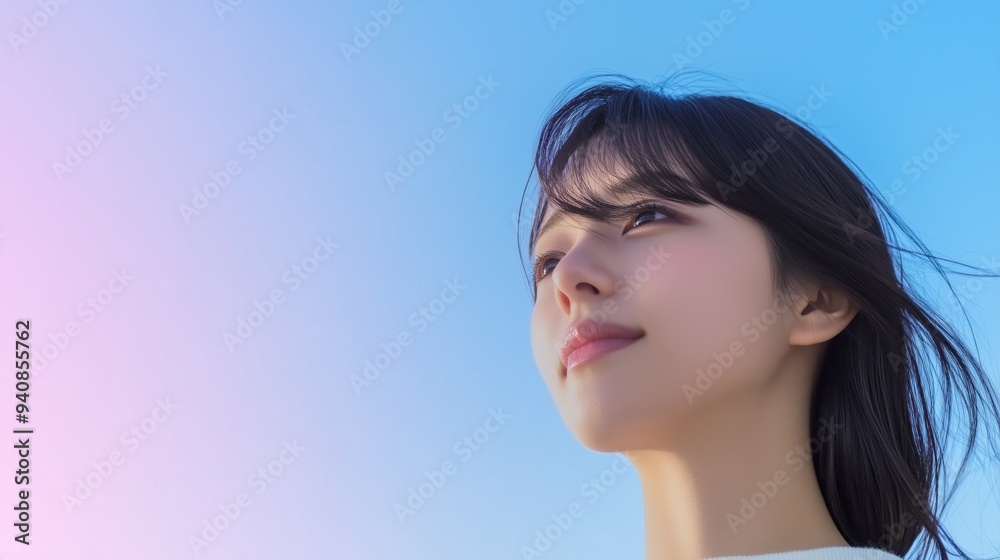 Young Woman with Windswept Hair against Pastel Sky. Serene Girl Looking Up to the Sky Young Woman with Windswept Hair against Pastel Sky. Serene Girl Looking Up to the Sky
