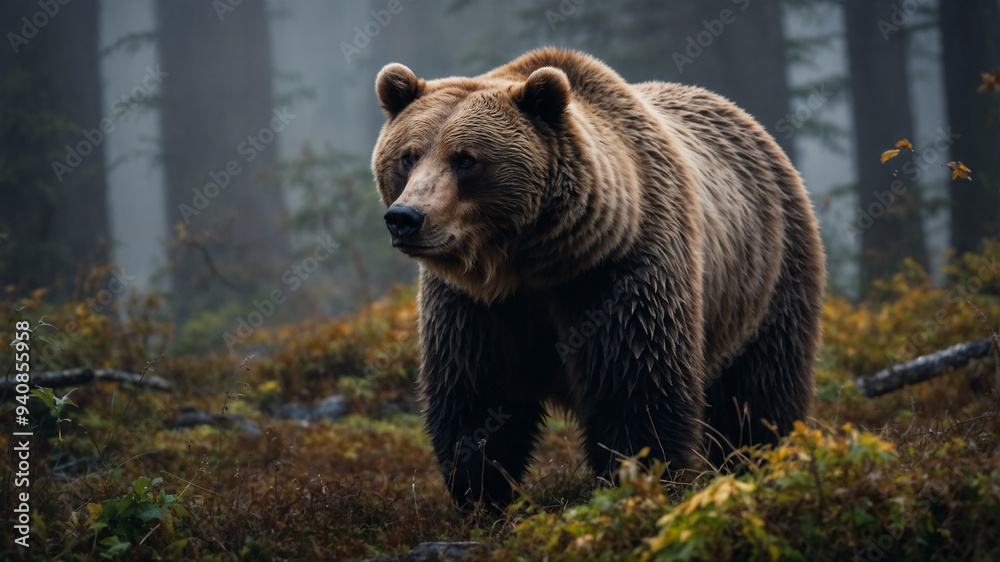 Orso bruno in una foresta con la nebbia nelle prime luci del mattino Orso bruno in una foresta con la nebbia nelle prime luci del mattino