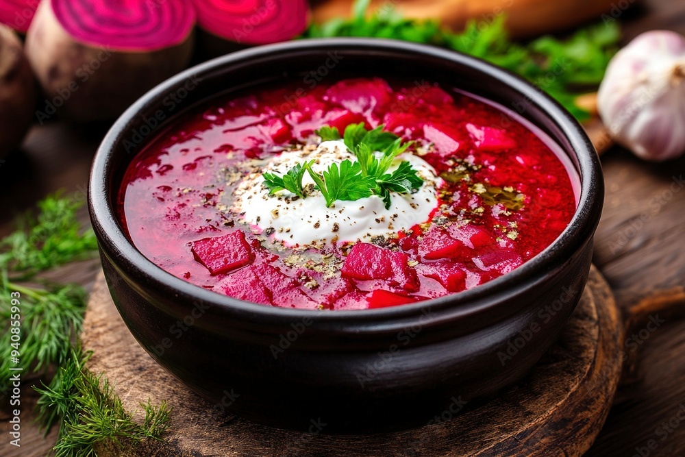 Tasty borsch soup as healthy starter and hot. Cream of beetroot with cream. Generative Ai Tasty borsch soup as healthy starter and hot. Cream of beetroot with cream. Generative Ai