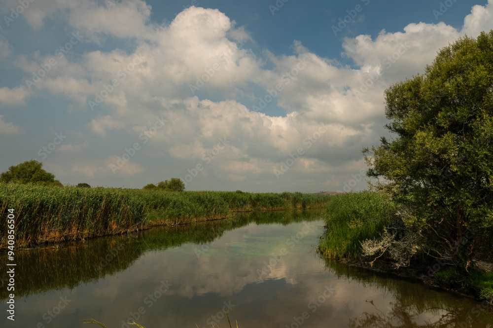 Obraz premium A beautiful river in the countryside. Beautiful calm view of nature. Stock background, photo. Uluabat Lake,Bursa,Turkey