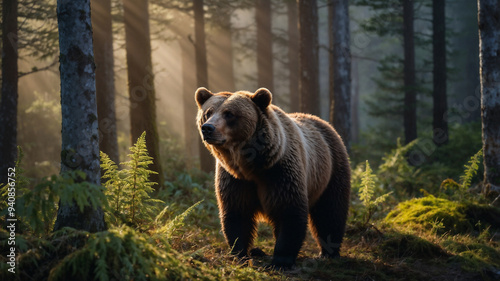 Orso bruno in una foresta con la nebbia nelle prime luci del mattino