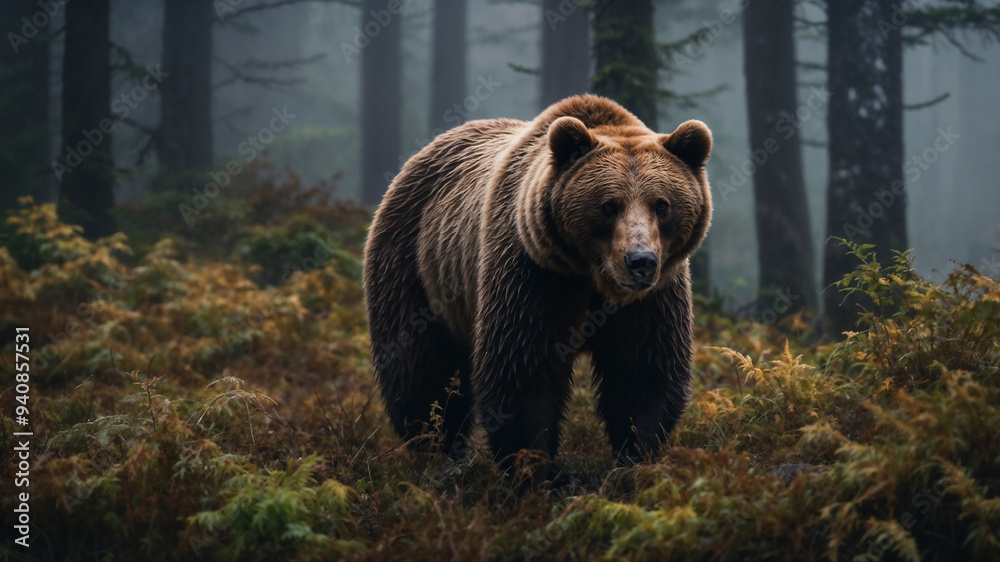 Orso bruno in una foresta con la nebbia nelle prime luci del mattino Orso bruno in una foresta con la nebbia nelle prime luci del mattino