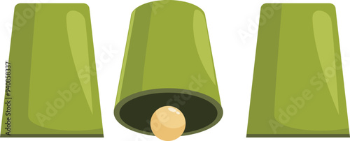 Shell game showing ball hiding under one of three green cups