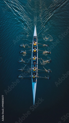 A group of rowers in sync, showcasing teamwork and focus while navigating a serene lake