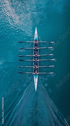 A group of rowers in sync, showcasing teamwork and focus while navigating a serene lake
