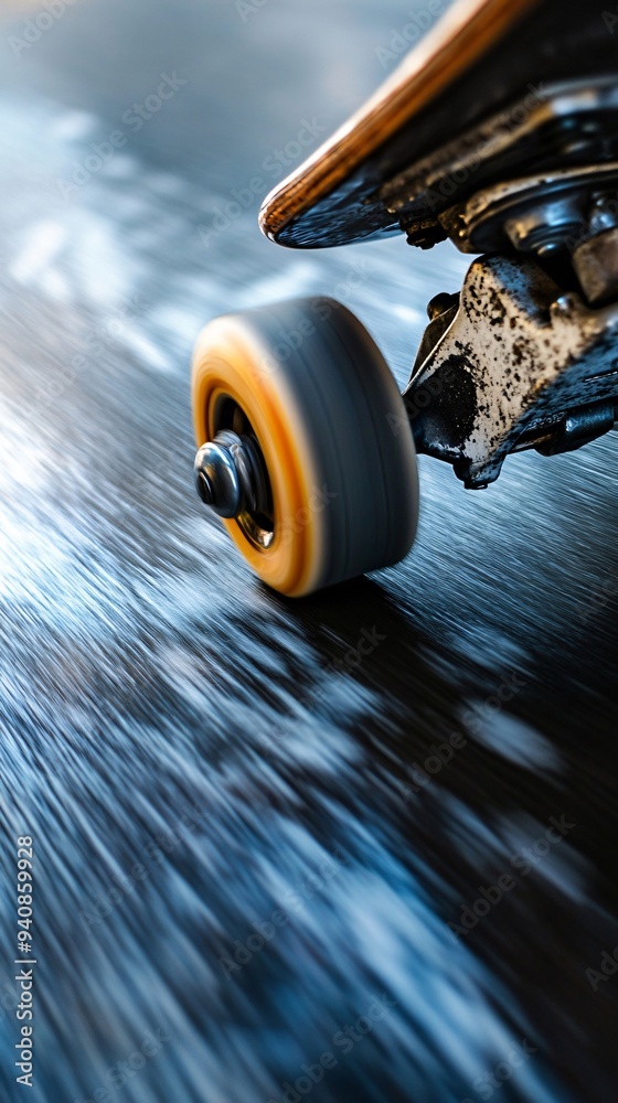 Fototapeta premium A close-up of a skateboard wheel in motion, capturing the details of the surface beneath it