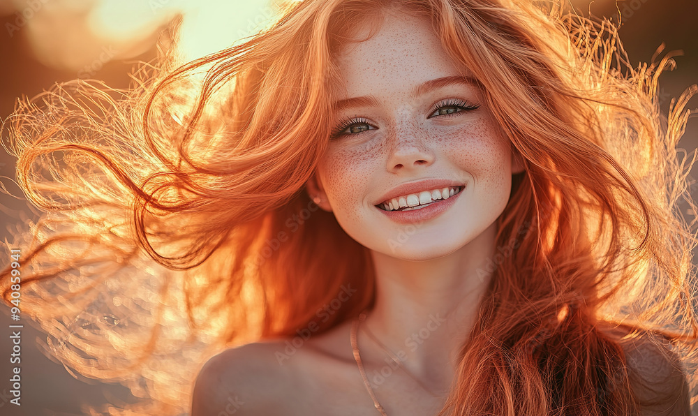 Elegant Young Woman with Tanned Skin and Curly Hair Enjoying Golden Hour on the Beach, Close-Up Smile Portrait Elegant Young Woman with Tanned Skin and Curly Hair Enjoying Golden Hour on the Beach, Close-Up Smile Portrait