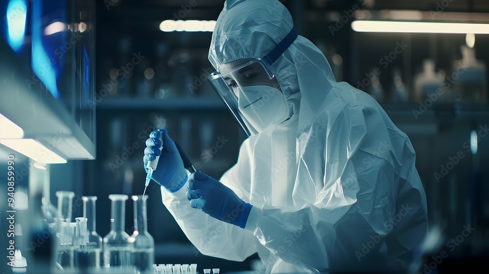 Science researcher in full protection equipment is experimenting and developing new vaccine to fight against virus in safety laboratory with copy space Science researcher in full protection equipment is experimenting and developing new vaccine to fight against virus in safety laboratory with copy space