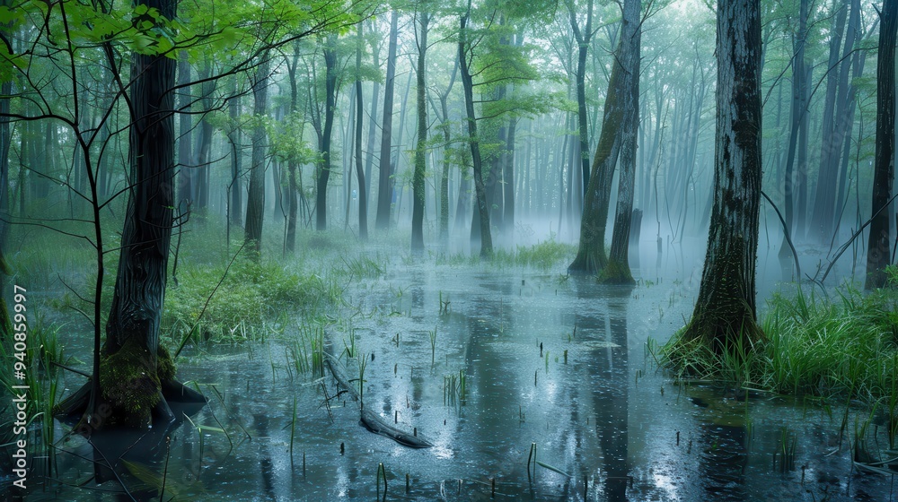 Obraz premium Swamp Adventure: Misty Forest Panorama with Rain and Fog among Creepy Trees