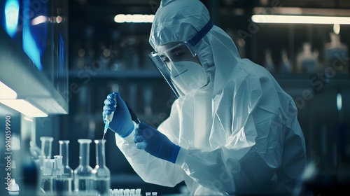 Science researcher in full protection equipment is experimenting and developing new vaccine to fight against virus in safety laboratory with copy space