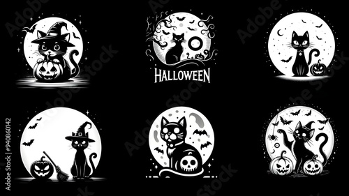 Set of six black and white Halloween illustrations. Black cat.