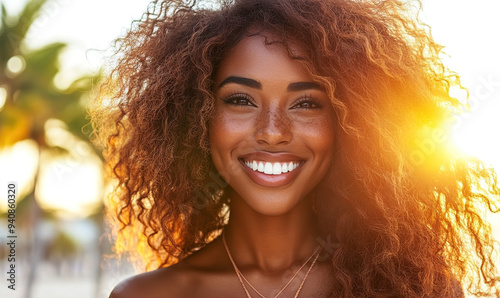 Elegant Young Woman with Tanned Skin and Curly Hair Enjoying Golden Hour on the Beach, Close-Up Smile Portrait