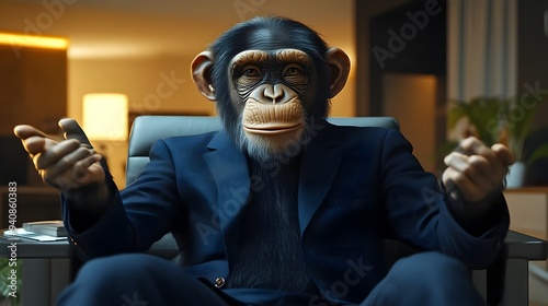 A well-groomed chimpanzee in a sharp navy blue suit and polished oxfords gesturing during a business presentation in a modern minimalist office