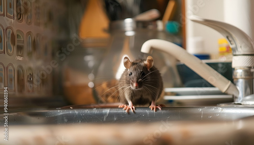 Rat near kitchen sink with dirty dishes. Pest control