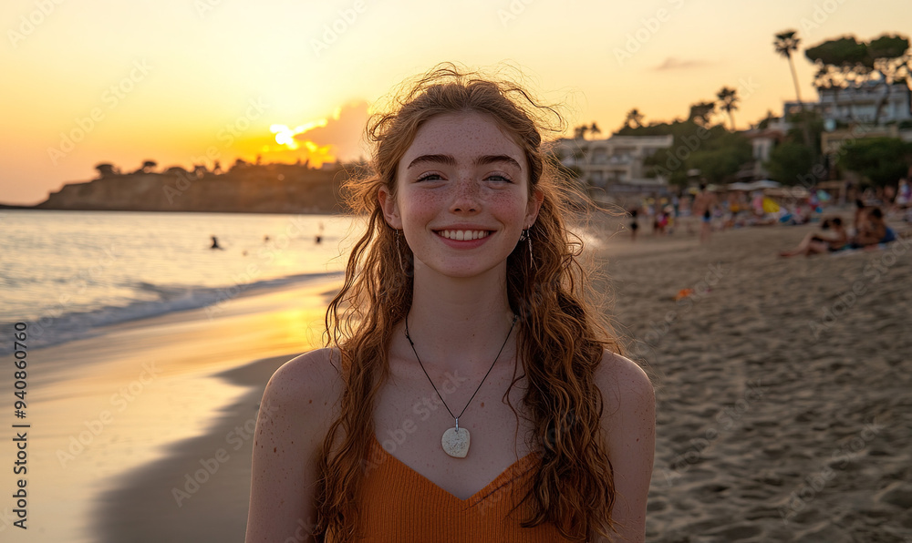 Smiling Young Woman on the Beach During Golden Hour: Close-Up with Long ...