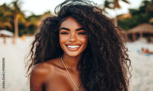 Smiling Young Woman on the Beach During Golden Hour: Close-Up with Long Curly Hair, Tanned Skin, and Freckles photo