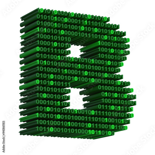  3D isometric letter B font made from binary code digits on transparent background PNG