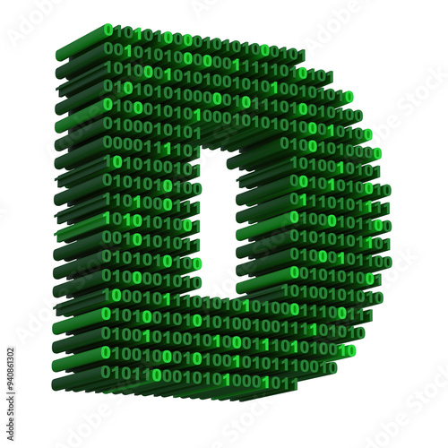  3D isometric letter D font made from binary code digits on transparent background PNG